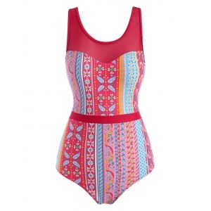 

Ethnic Printed Lace Up Back Mesh Panel One-piece Swimsuit, Red