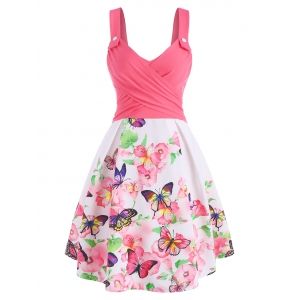 

Flower Butterfly Print Mock Button Criss Cross Dress, Light pink