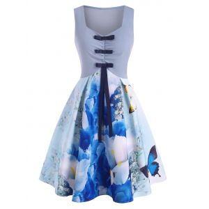 

Watercolor Flower Bowknot A Line Tank Dress, Light blue