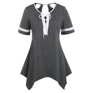 

Plus Size Handkerchief Cutout Lace Up Tee, Dark gray