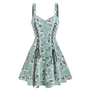 

Sleeveless O-ring Flower Print Lace-up Dress, Light green