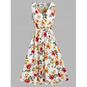 

Sleeveless Belted Flower Print Midi Dress, White