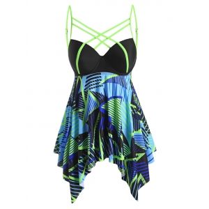 

Plus Size Lattice Geo Print Neon Binding Push Up Tankini Swimwear, Black