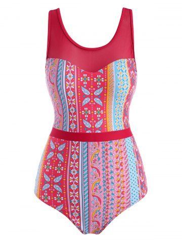 Ethnic Printed Lace Up Back Mesh Panel One-piece Swimsuit - RED - 2XL