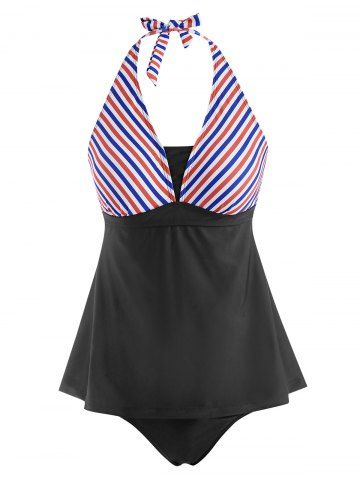 Mixed Stripes Panel Skirted Halter Tankini Swimwear - BLACK - S