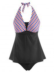 Mixed Stripes Panel Skirted Halter Tankini Swimwear -  