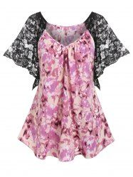 Plus Size & Curve Watercolor Flower Lace Butterfly Sleeve Blouse -  