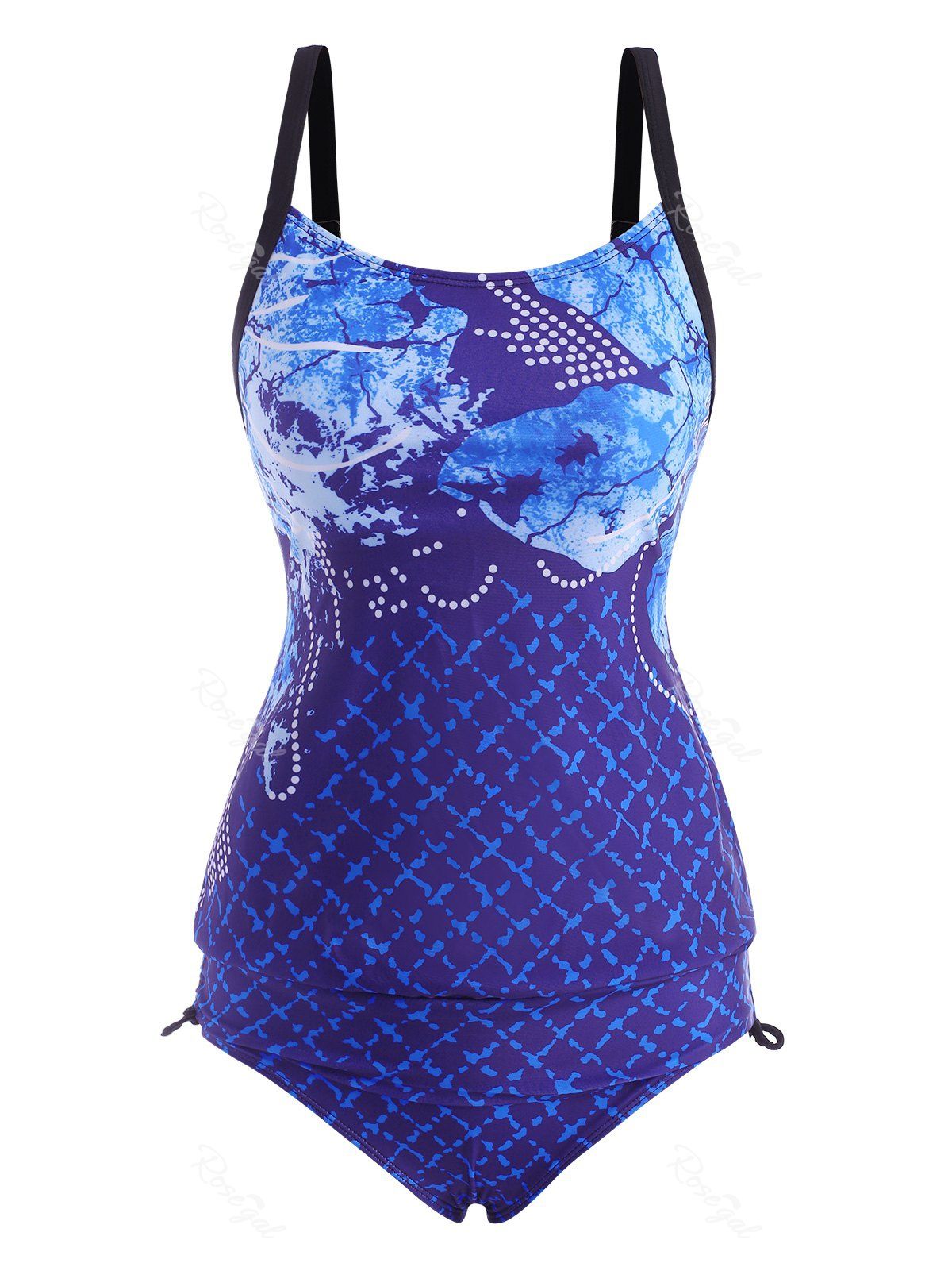 Maillot de Bain Tankini Fleur à Carreaux à Lacets à Côté Bleu profond L
