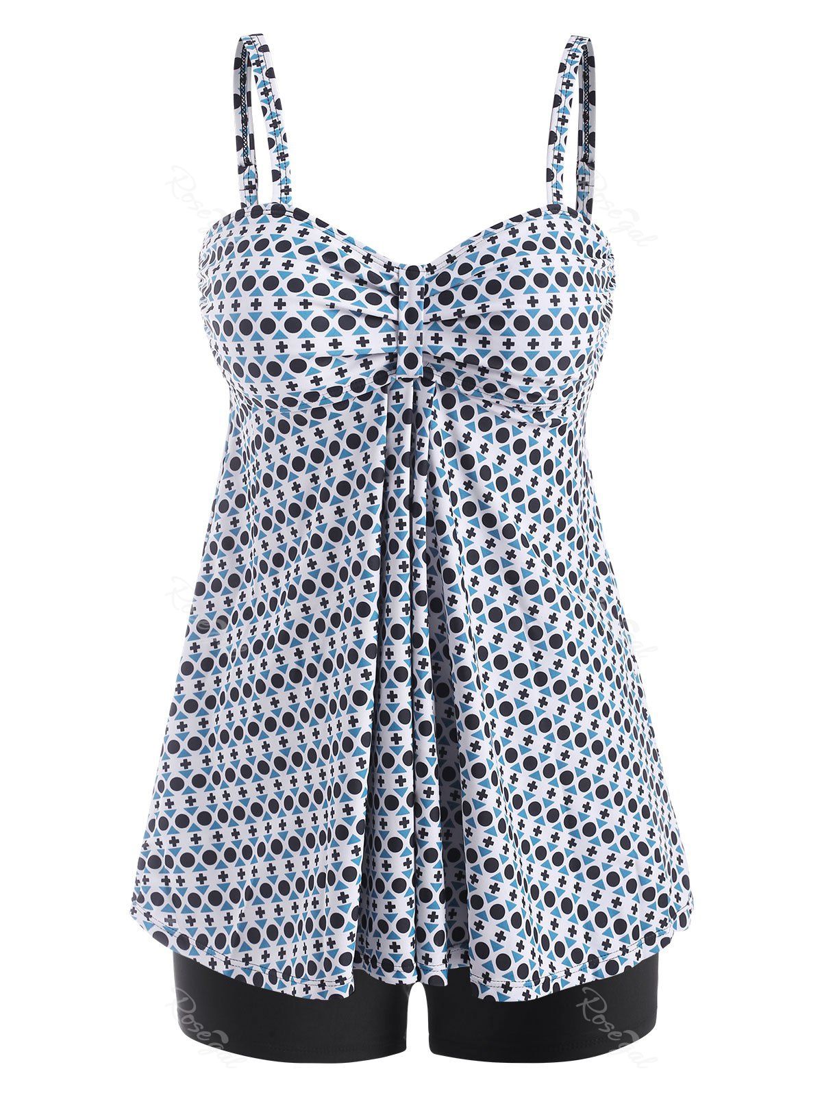 Polka Dot Geo Ruched Skirted Tankini Swimwear [25% OFF] | Rosegal