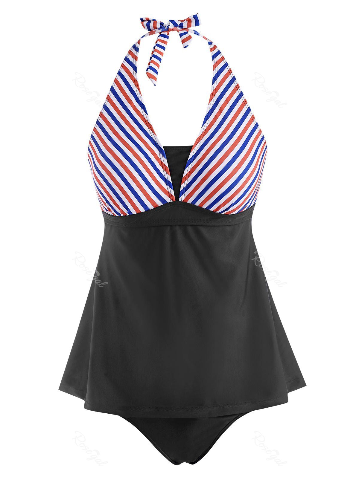 Buy Mixed Stripes Panel Skirted Halter Tankini Swimwear  