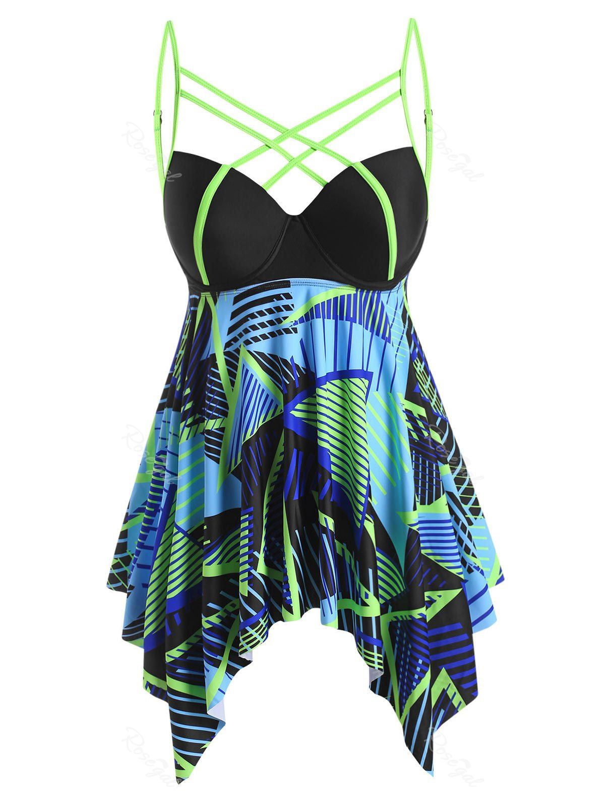 Hot Plus Size Lattice Geo Print Neon Binding Push Up Modest Tankini Swimwear  