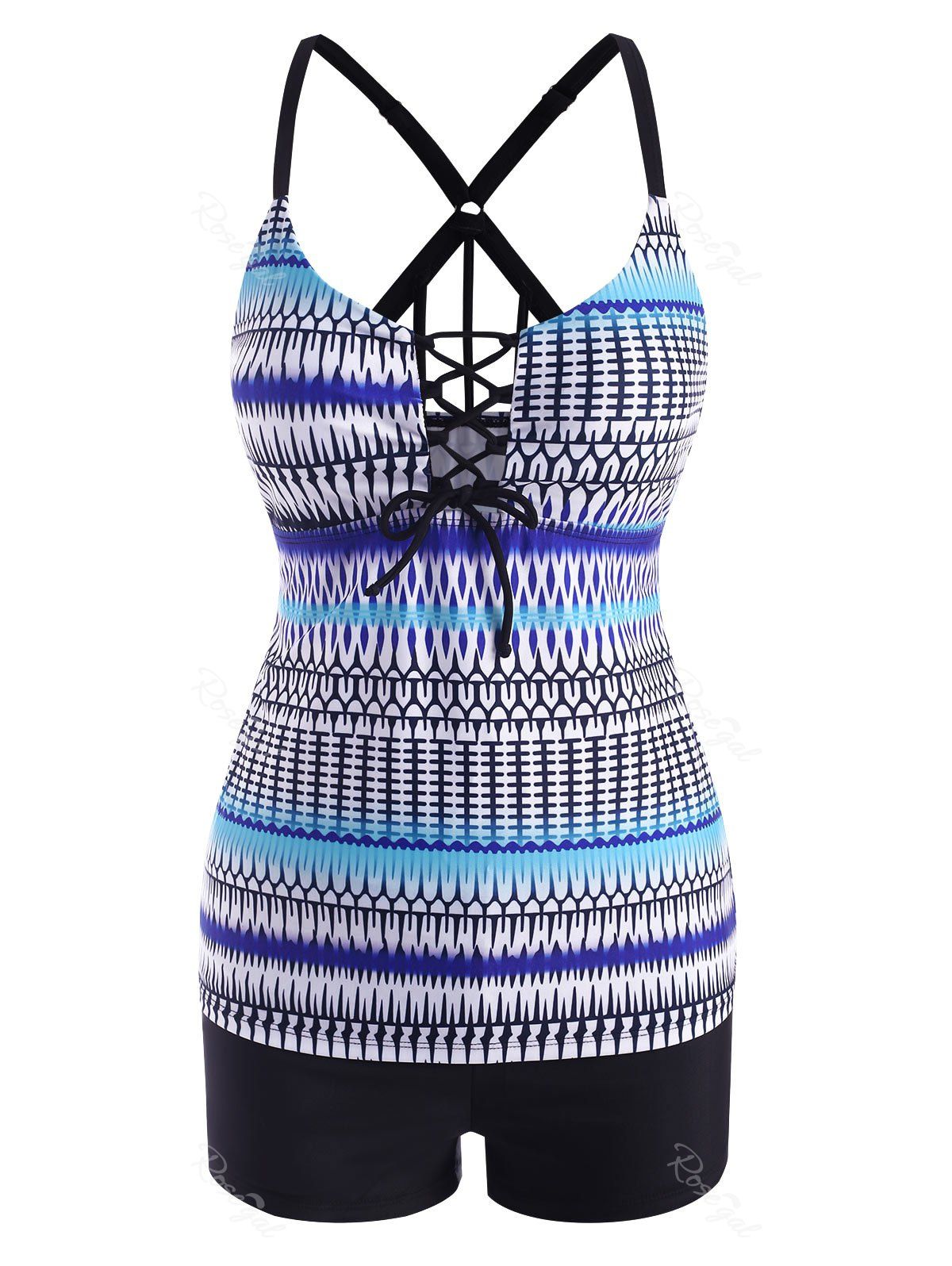 Hot Printed Lace Up Front Strappy Back Tankini Swimwear  