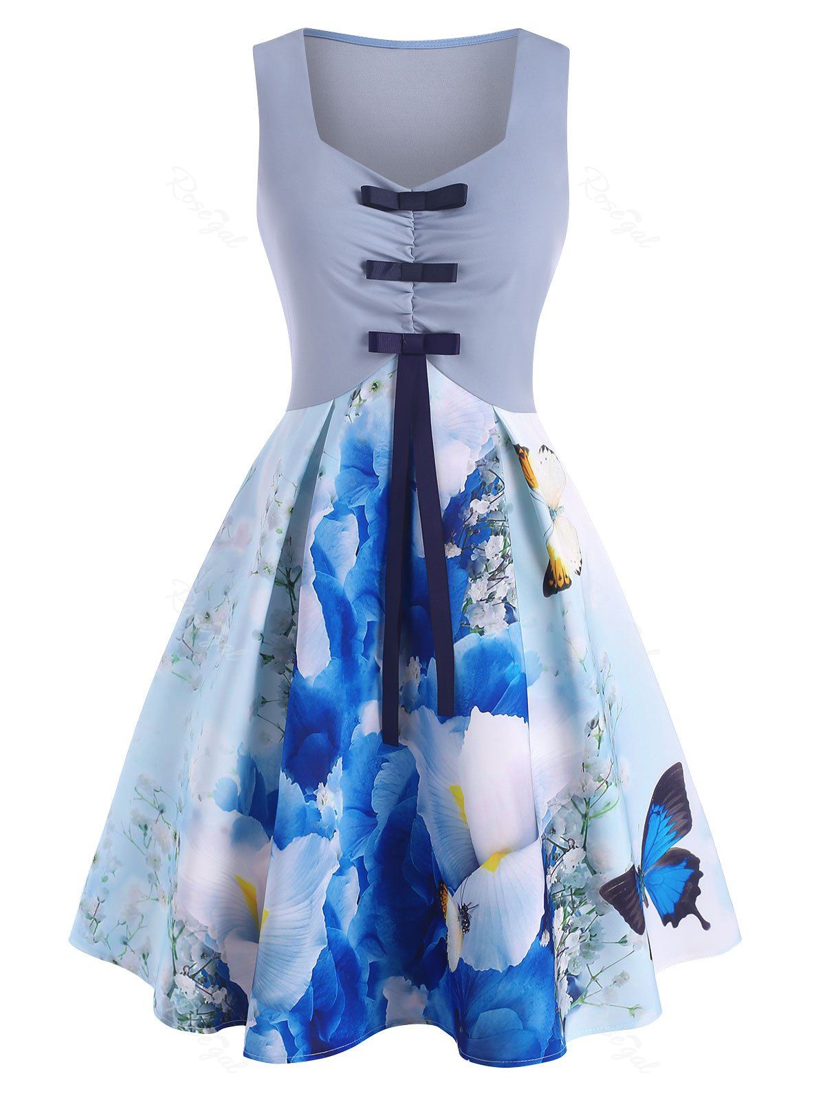 Robe Ligne A Fleur Aquarelle avec Nœud Papillon Bleu clair XL