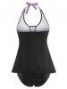 Mixed Stripes Panel Skirted Halter Tankini Swimwear -  