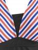 Mixed Stripes Panel Skirted Halter Tankini Swimwear -  
