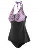 Mixed Stripes Panel Skirted Halter Tankini Swimwear -  