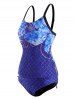 Maillot de Bain Tankini Fleur à Carreaux à Lacets à Côté - Bleu profond L