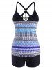 Printed Lace Up Front Strappy Back Tankini Swimwear -  
