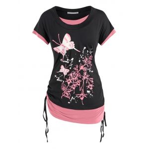 

Plus Size Butterfly Floral Print Faux Twinset Cinched Tee, Light pink