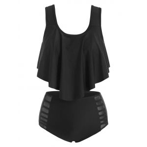 

Flounce Overlay Mesh Panel Tankini Swimwear, Black