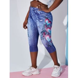 

Plus Size Butterfly 3D Jean Print Capri Jeggings, Blue