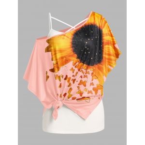 

Plus Size Batwing Sleeve Sunflower Print Tee and Camisole Set, Light pink