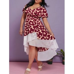 

Plus Size Floral Print Maxi High Low Dress, Deep red