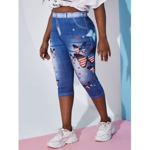 

Plus Size Butterfly American Flag 3D Jean Print Capri Jeggings, Blue