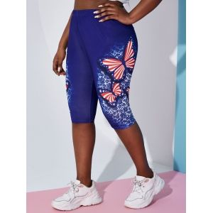 

Plus Size High Rise Butterfly Print Capri Leggings, Deep blue