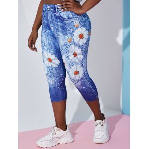 

Plus Size Daisy 3D Print Capri Jeggings, Blue