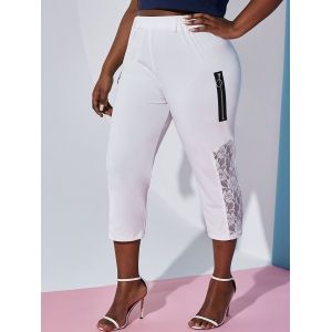 

Plus Size O Ring Zip Lace Insert Capri Leggings, White