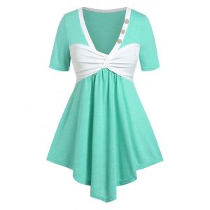 

Plus Size Colorblock Front Ruched T Shirt, Green