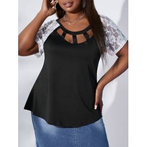 

Plus Size Cutout Contrast Lace Sleeve T-shirt, Black