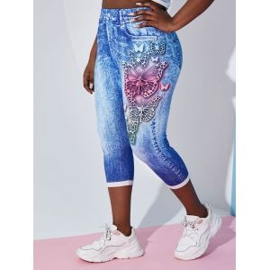 

Plus Size Butterfly Print 3D Denim Capri Jeggings, Light blue