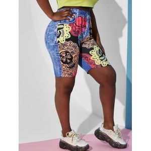 

Plus Size Psychedelic Bandana 3D Jean Pattern Biker Shorts, Blue