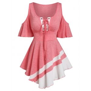 

Two Tone Lace Up Cold Shoulder T Shirt, Light pink