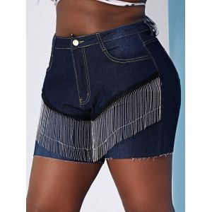 

Mesh Panel Raw Hem Metallic Chains Plus Size Denim Shorts, Deep blue