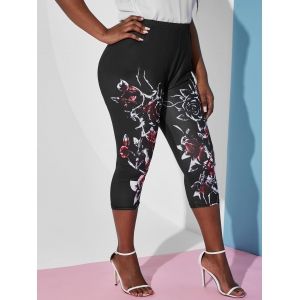 

Plus Size High Rise Floral Print Capri Leggings, Black