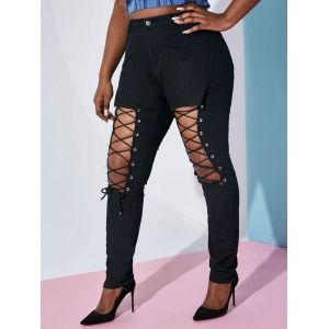 

Solid Lace Up Front Plus Size Skinny Pants, Black