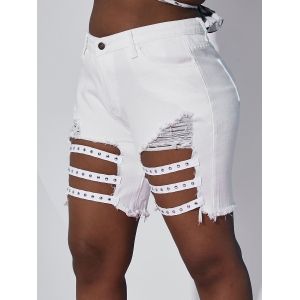 

Destroyed Shredded Studded Plus Size Denim Shorts, White