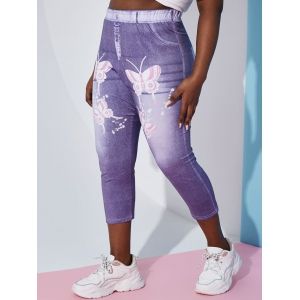 

Plus Size 3D Butterfly Print Capri Jeggings, Light purple