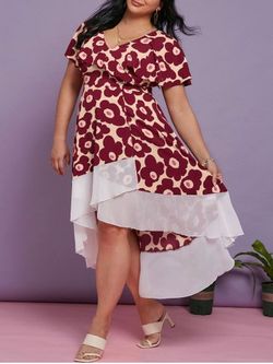 Plus Size Floral Print Maxi High Low Dress - DEEP RED - 1X