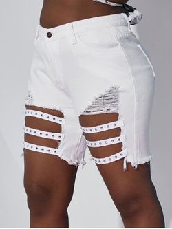 Destroyed Shredded Studded Plus Size Denim Shorts - WHITE - 5XL