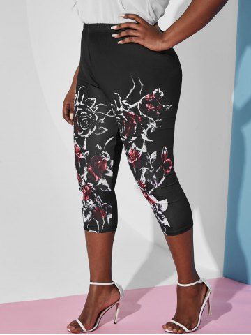 Plus Size High Rise Floral Print Capri Leggings