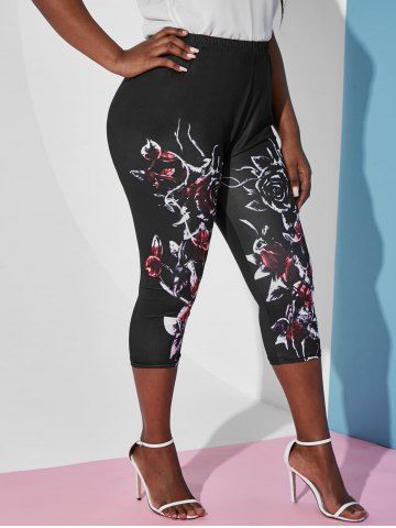 Plus Size High Rise Floral Print Capri Leggings - BLACK - 1X