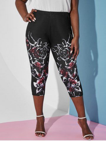 Plus Size High Rise Floral Print Capri Leggings