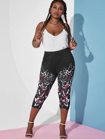 Plus Size High Rise Floral Print Capri Leggings