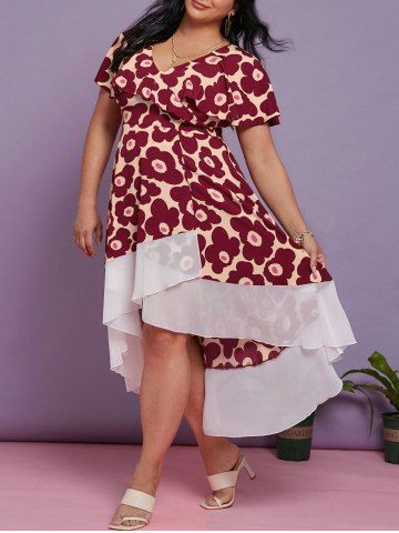 Plus Size Floral Print Maxi High Low Dress - DEEP RED - L