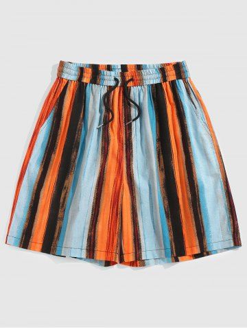 Colorful Stripe Print Drawstring Beach Shorts - LIGHT BLUE - M