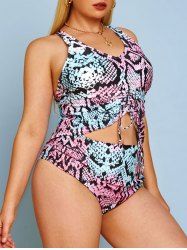 Plus Size Snake Print Cinched Ruched Crisscross Tummy Control Modest Tankini Swimwear -  
